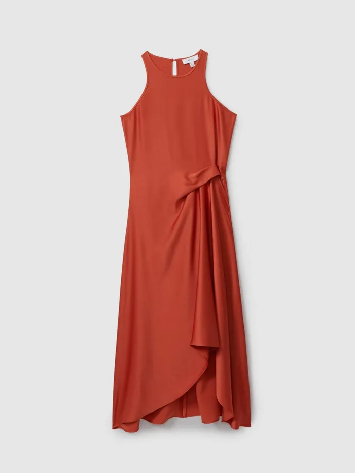 Women Reiss Dresses Micah Satin Drape Tuck Midi Dress Rust