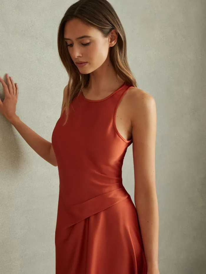 Women Reiss Dresses Micah Satin Drape Tuck Midi Dress Rust