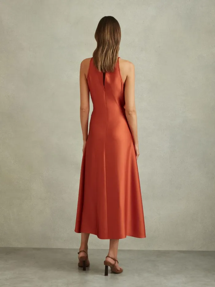 Women Reiss Dresses Micah Satin Drape Tuck Midi Dress Rust