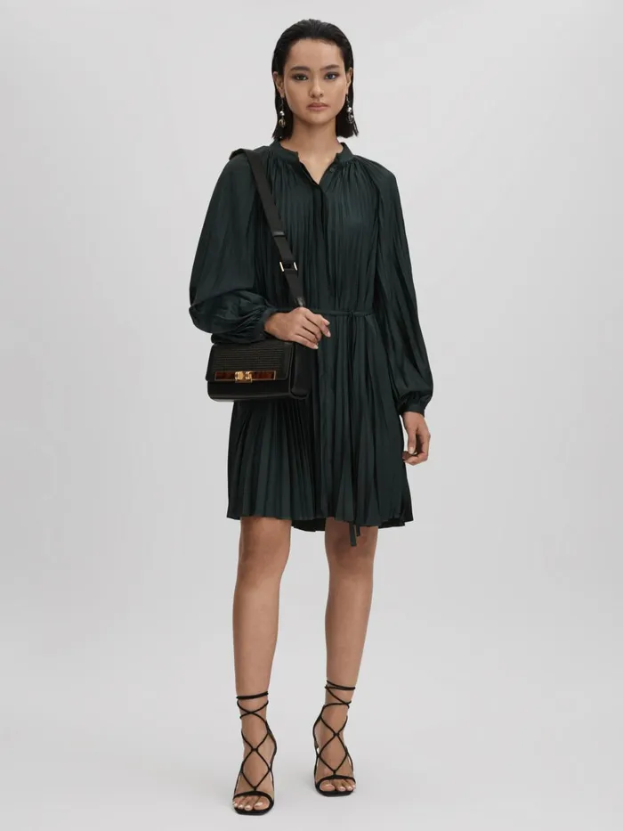 Women Reiss Dresses Trina Pleated Belted Mini Dress Green