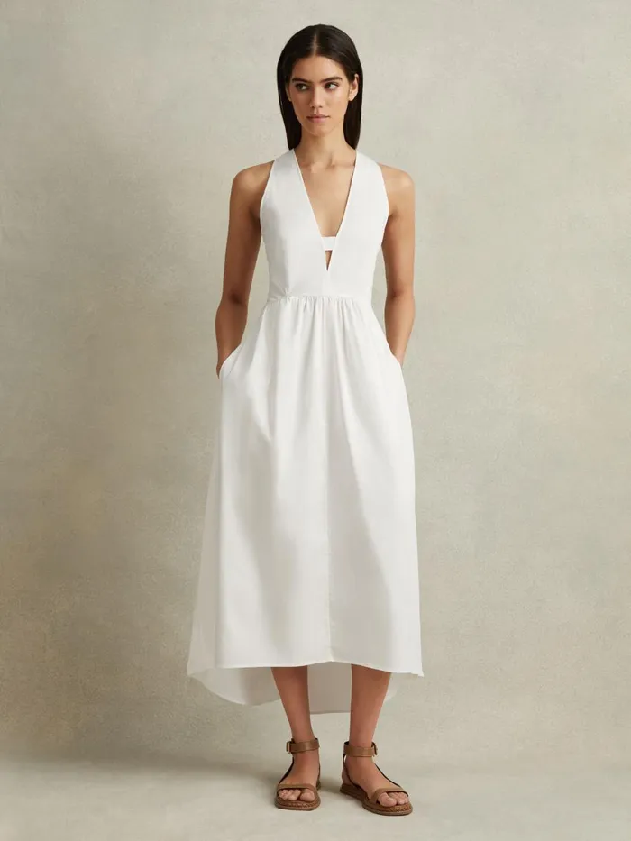 Women Reiss Dresses Yana Cotton Blend HighLow Midi Dress White