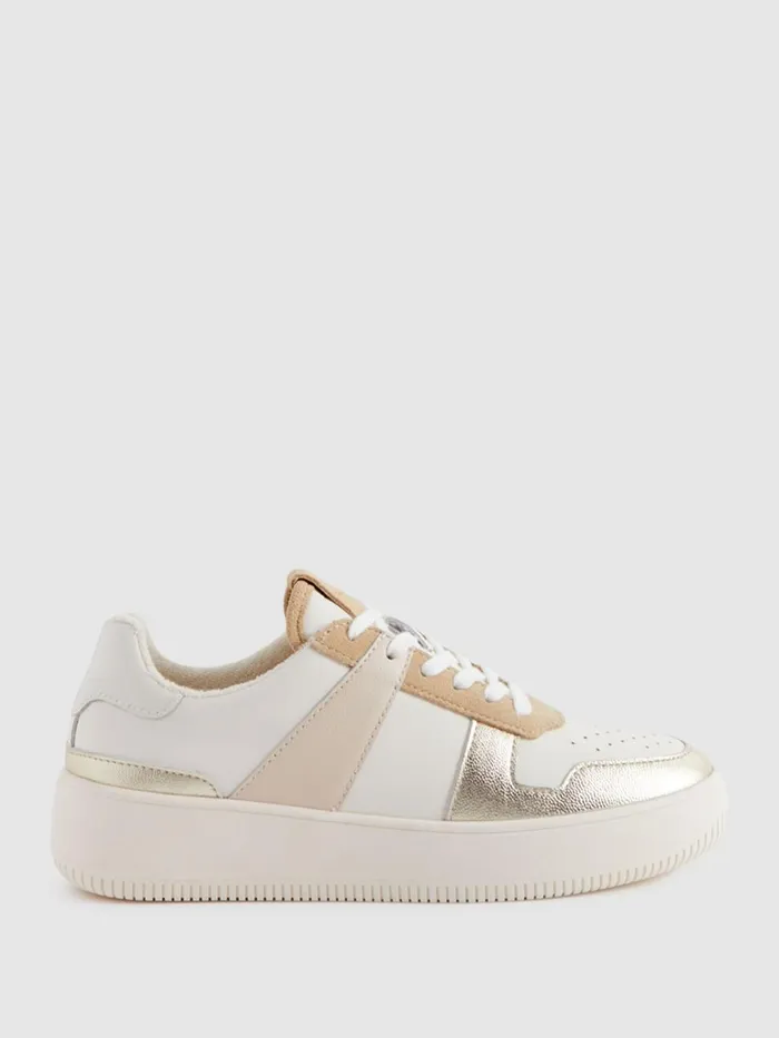 Women Reiss Flats Aira Mid Top Leather Trainers Whitegold