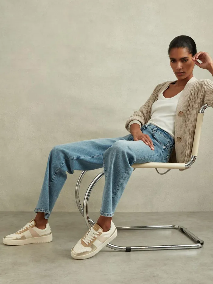 Women Reiss Flats Aira Mid Top Leather Trainers Whitegold