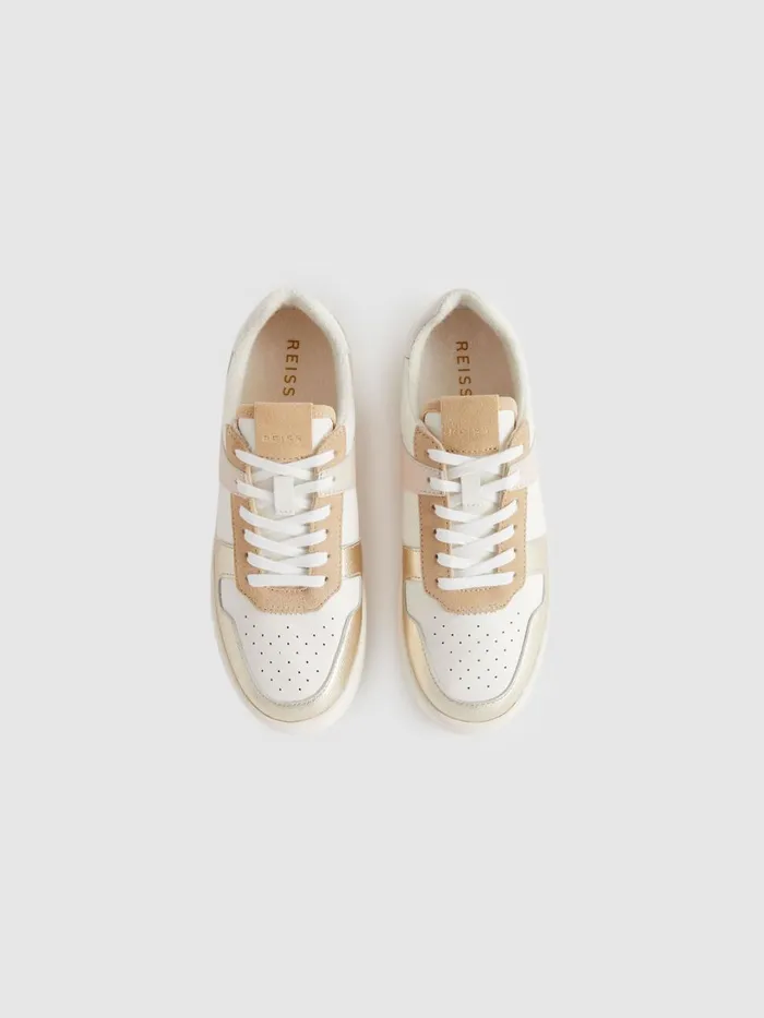 Women Reiss Flats Aira Mid Top Leather Trainers Whitegold