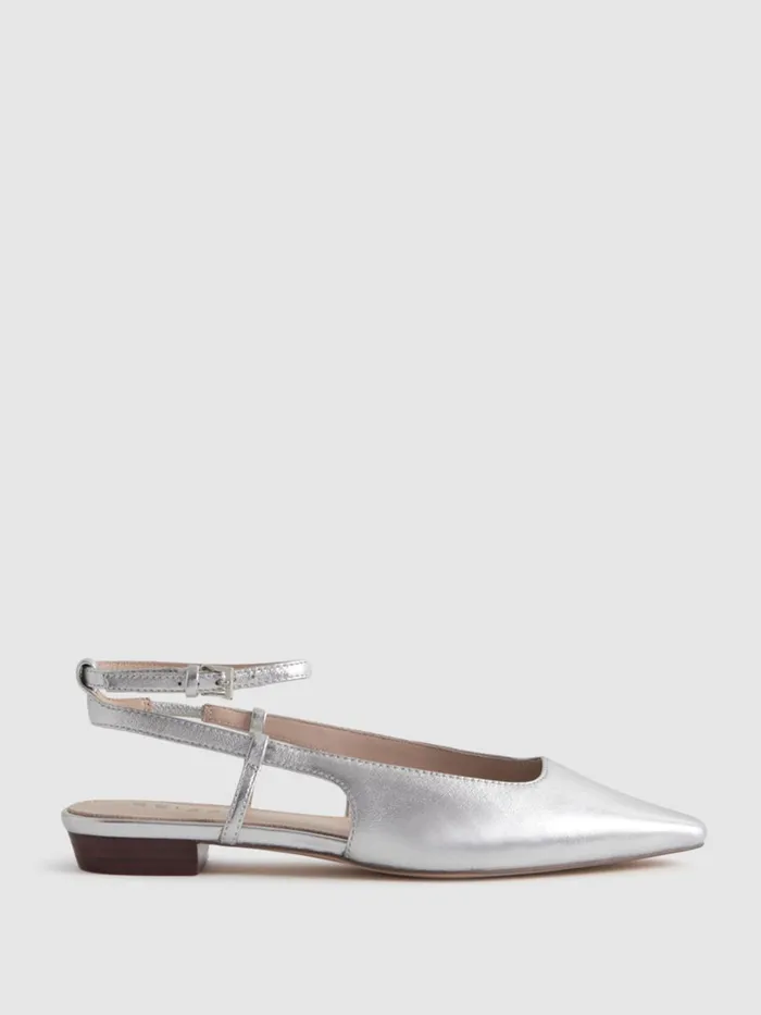 Women Reiss Flats Freya Leather Slingback Ballerina Flats Silver