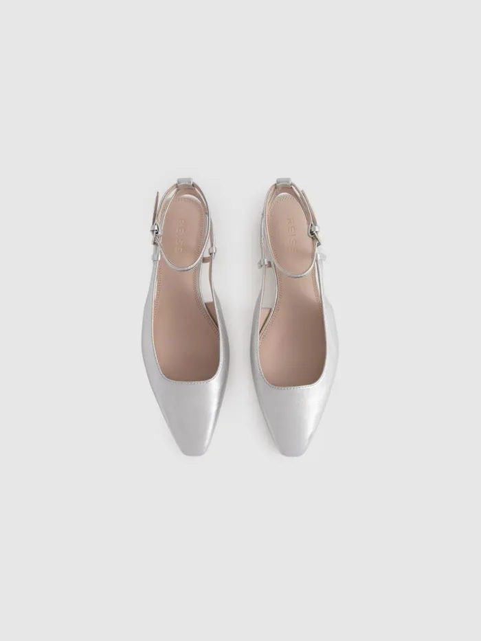 Women Reiss Flats Freya Leather Slingback Ballerina Flats Silver