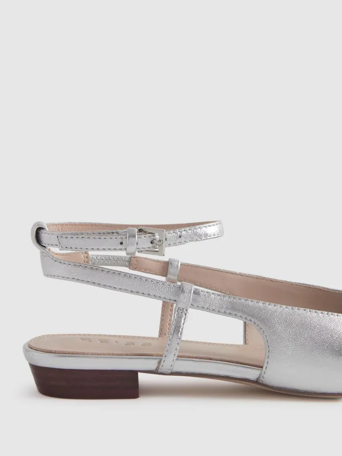 Women Reiss Flats Freya Leather Slingback Ballerina Flats Silver