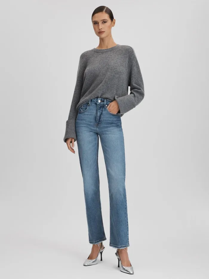 Women Reiss Jeans American Good American Distressed Straight Leg Jeans Indigo