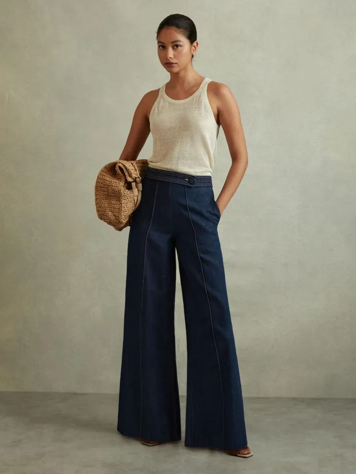 Women Reiss Jeans Lianna Belted Wide Leg Jeans Dark Blue