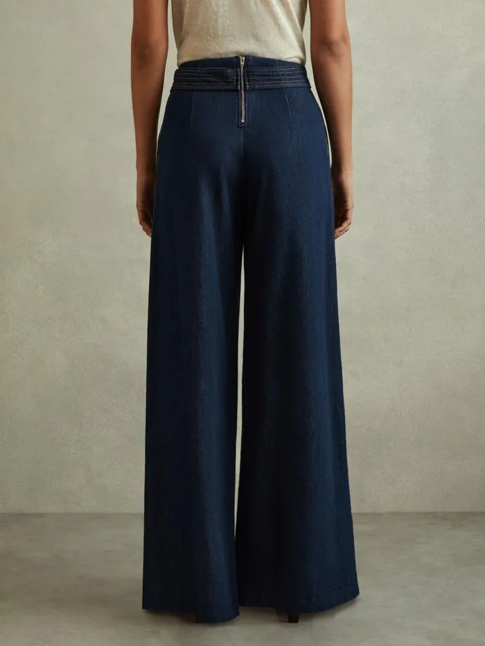 Women Reiss Jeans Lianna Belted Wide Leg Jeans Dark Blue
