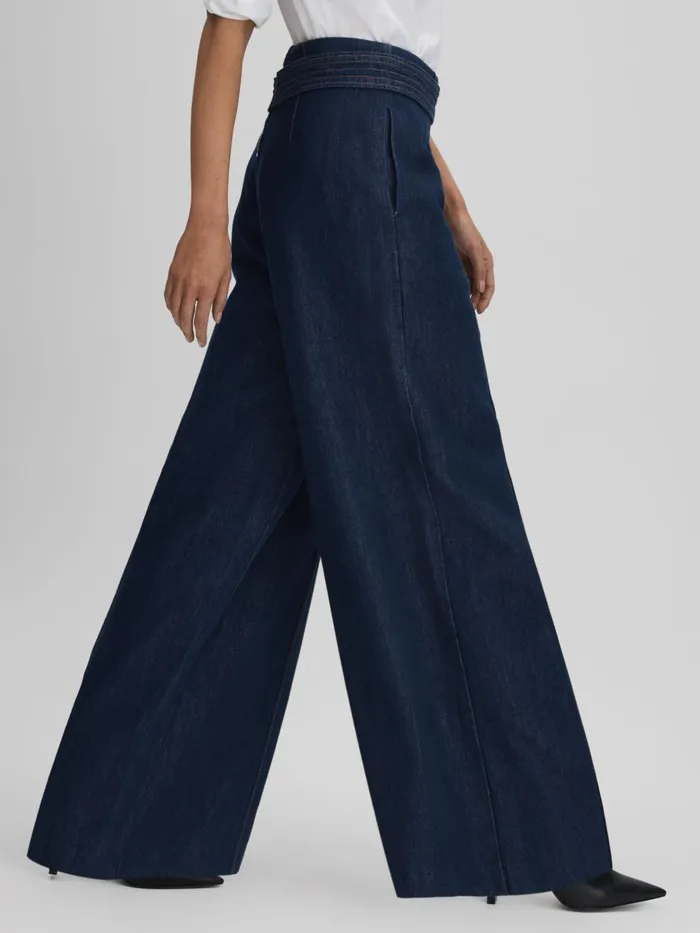 Women Reiss Jeans Lianna Belted Wide Leg Jeans Dark Blue