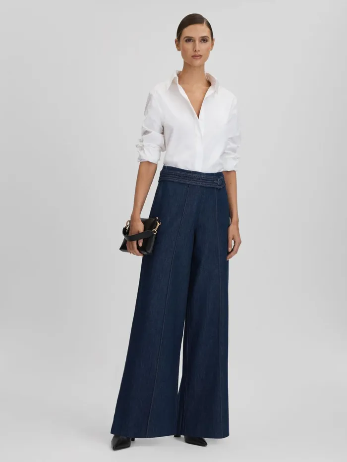 Women Reiss Jeans Lianna Belted Wide Leg Jeans Dark Blue