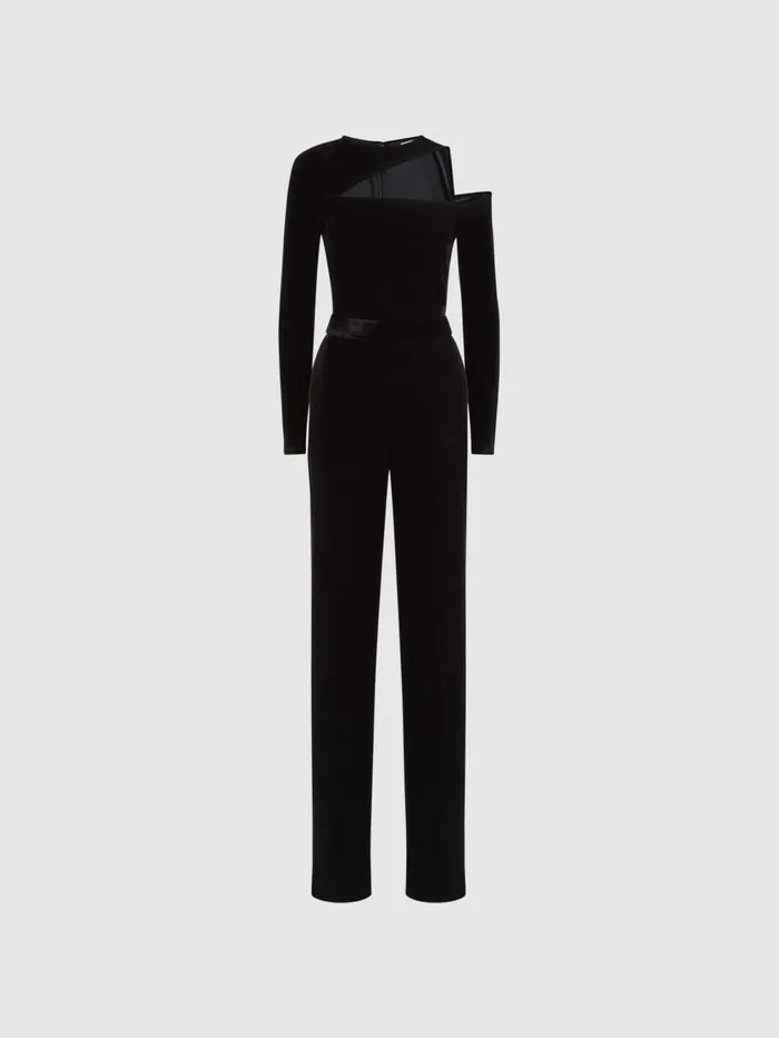 Women Reiss Jumpsuits and Playsuits Adele Velvet OffTheShoulder Jumpsuit Black