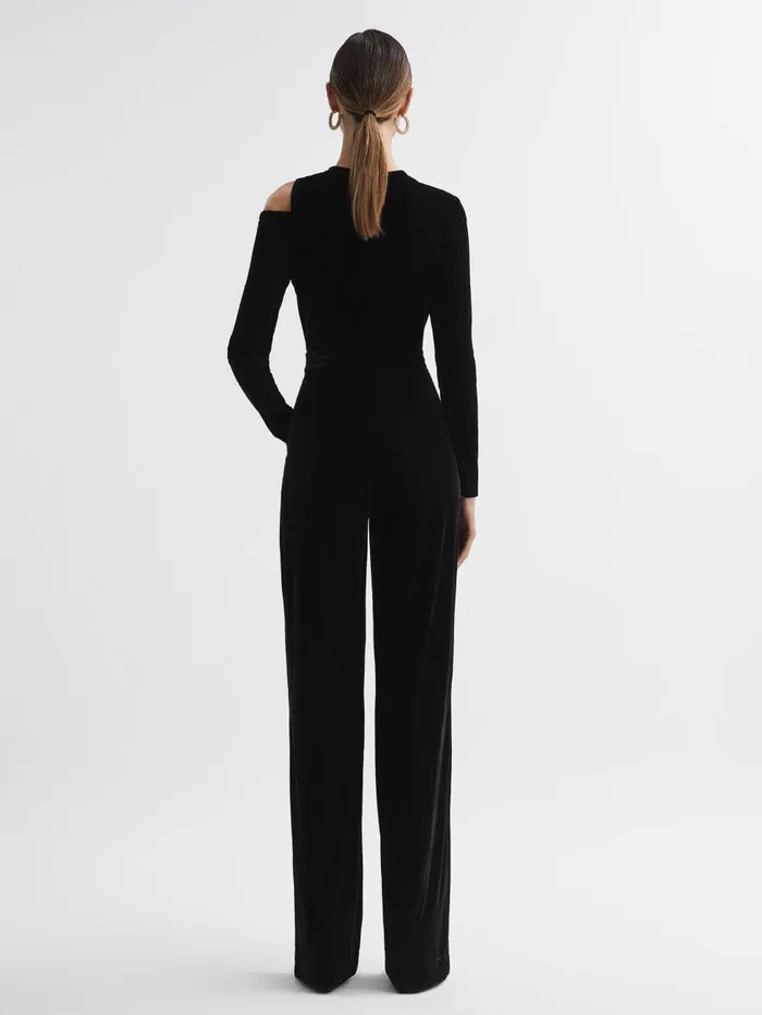 Women Reiss Jumpsuits and Playsuits Adele Velvet OffTheShoulder Jumpsuit Black