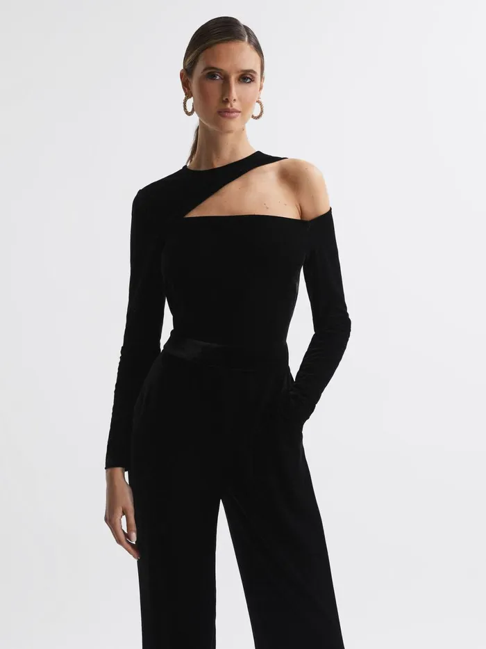 Women Reiss Jumpsuits and Playsuits Adele Velvet OffTheShoulder Jumpsuit Black