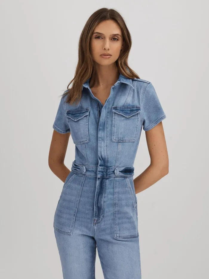 Women Reiss Jumpsuits and Playsuits American Denim Skinny Jumpsuit Mid Blue