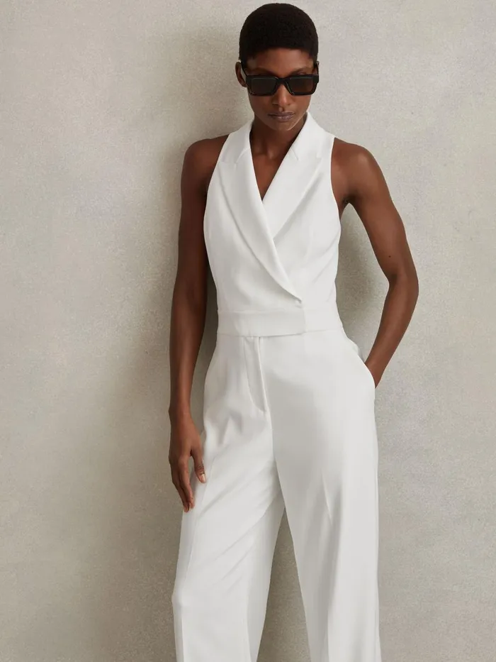 Women Reiss Jumpsuits and Playsuits Lainey Double Breasted Satin Tux Jumpsuit White Women Reiss Jumpsuits and Playsuits Lainey Double Breasted Satin Tux Jumpsuit White