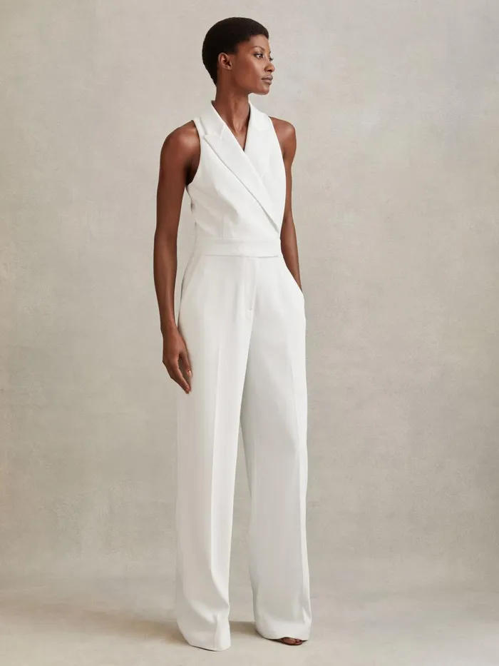 Women Reiss Jumpsuits and Playsuits Lainey Double Breasted Satin Tux Jumpsuit White