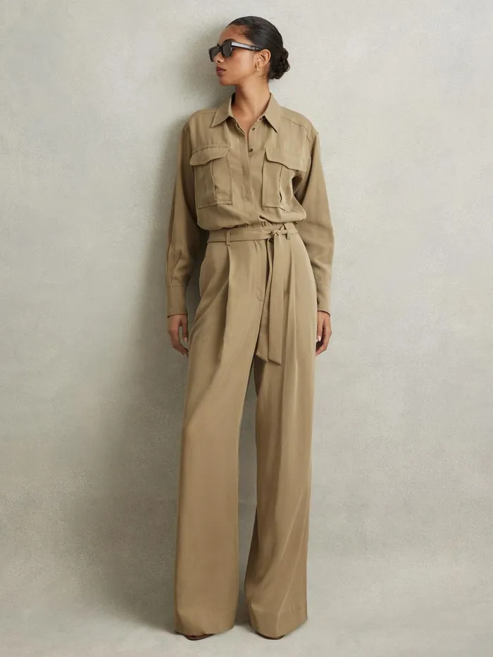 Women Reiss Jumpsuits and Playsuits Liliana Lyocell Wide Leg Jumpsuit Khaki