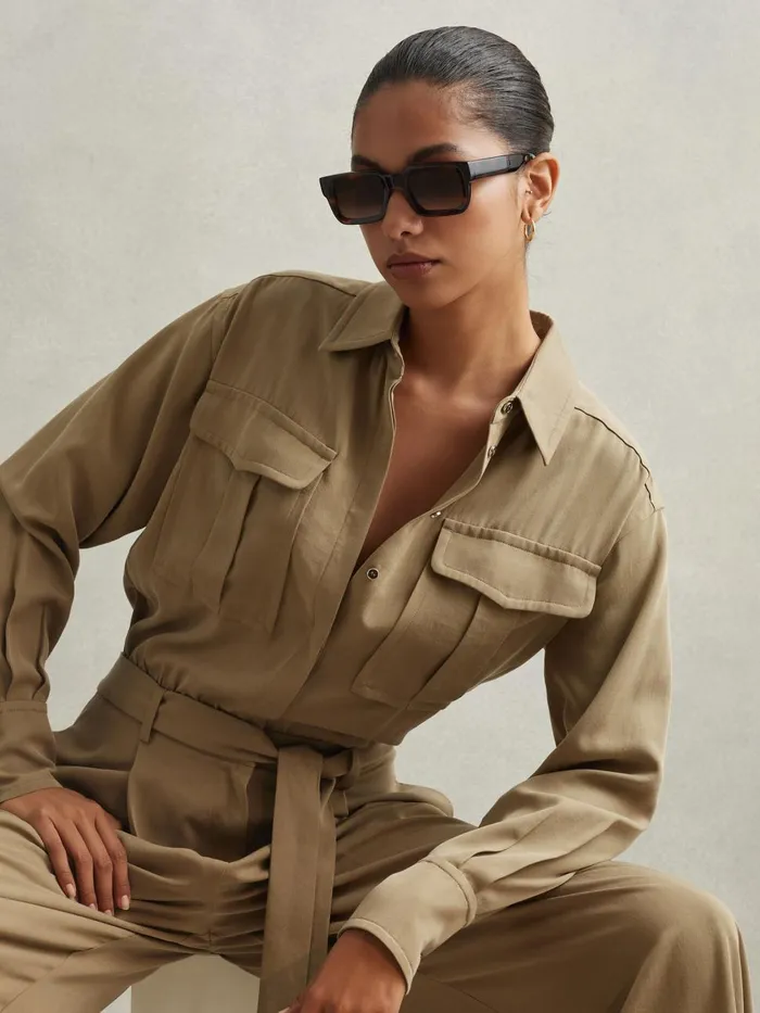 Women Reiss Jumpsuits and Playsuits Liliana Lyocell Wide Leg Jumpsuit Khaki