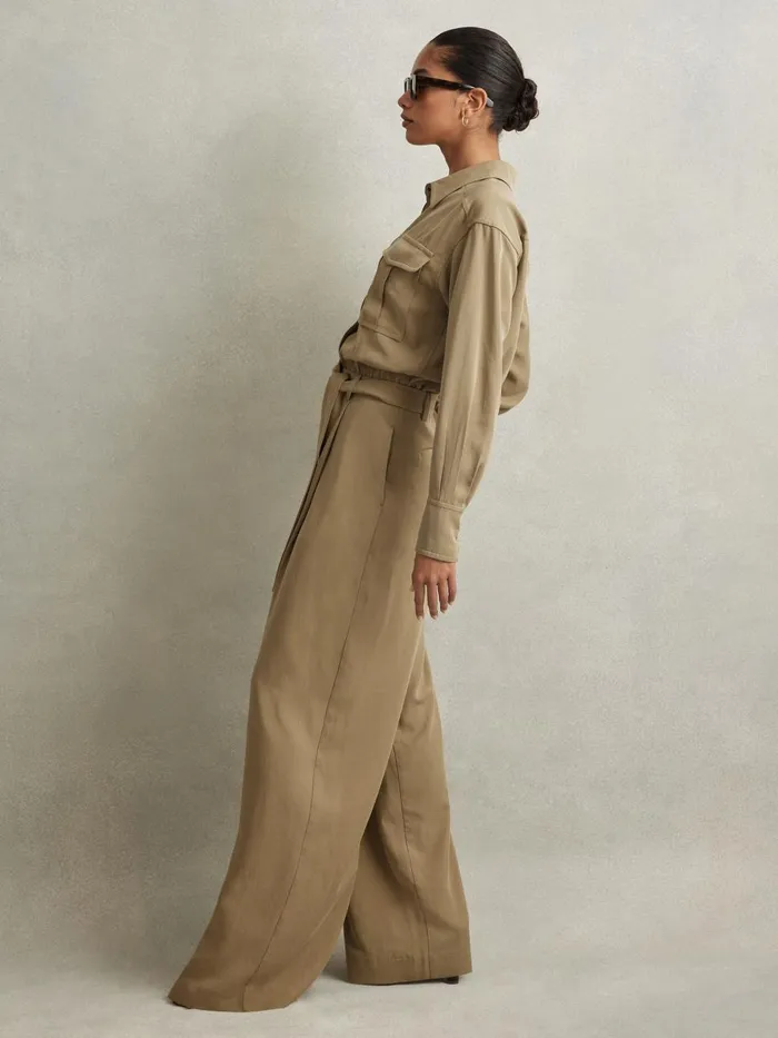 Women Reiss Jumpsuits and Playsuits Liliana Lyocell Wide Leg Jumpsuit Khaki