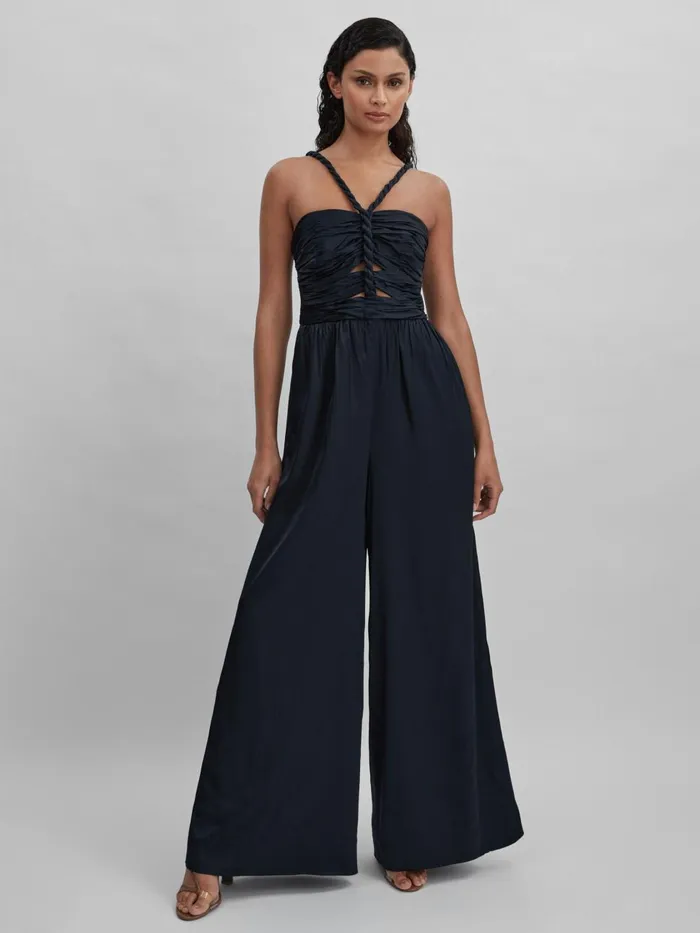 Women Reiss Jumpsuits and Playsuits Ruche Detail Wide Leg Jumpsuit Navy