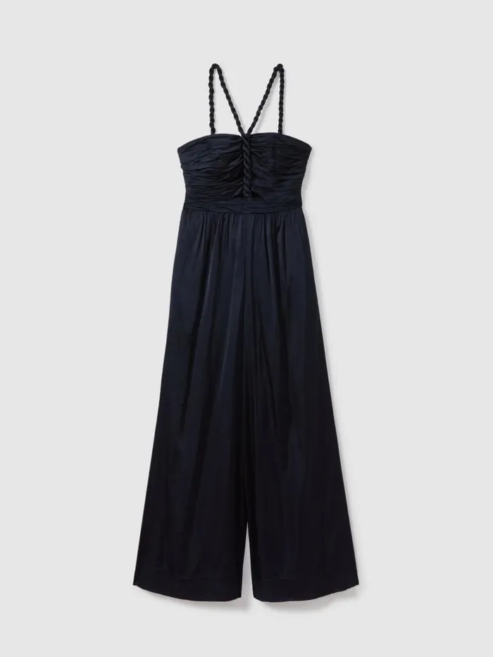 Women Reiss Jumpsuits and Playsuits Ruche Detail Wide Leg Jumpsuit Navy