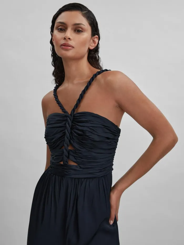 Women Reiss Jumpsuits and Playsuits Ruche Detail Wide Leg Jumpsuit Navy