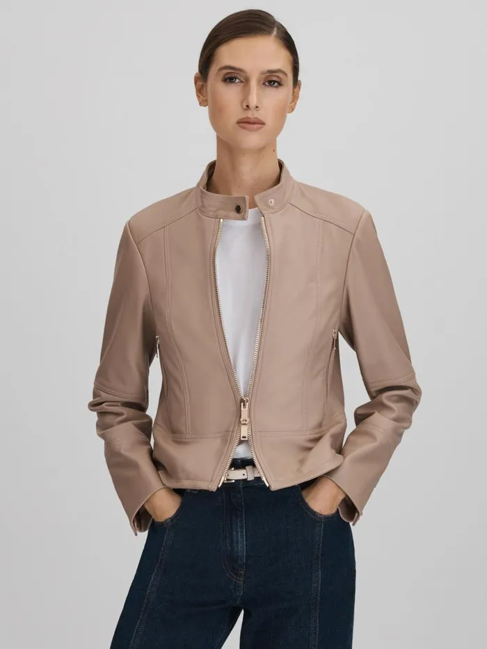 Women Reiss Leather Jackets Lola Leather ZipFront Jacket Neutral