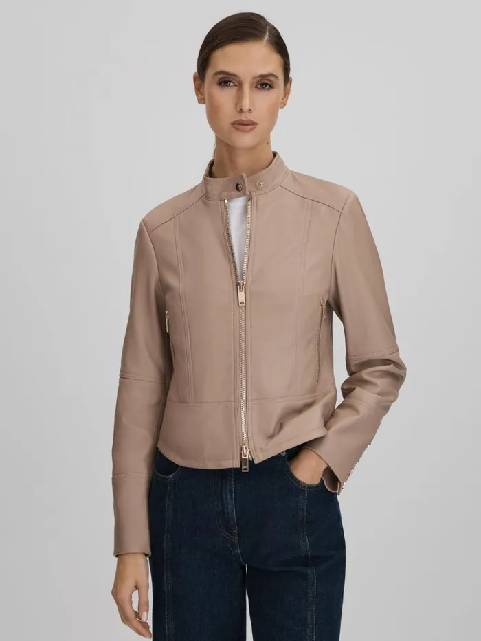 Women Reiss Leather Jackets Lola Leather ZipFront Jacket Neutral