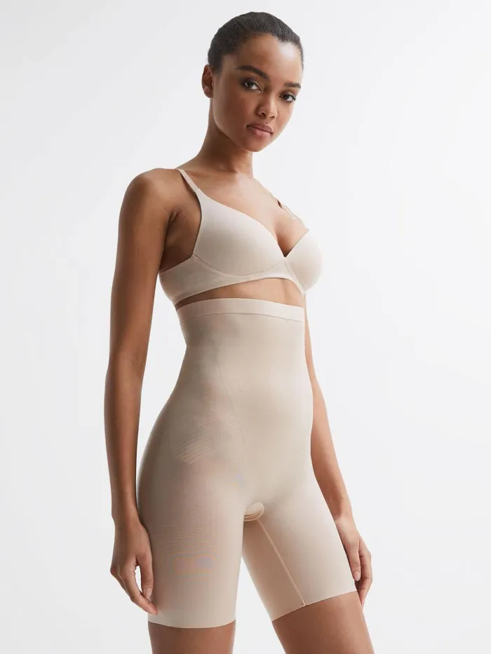 Women Reiss Lingerie Shapewear Firming HighWaisted MidThigh Shorts Champagne