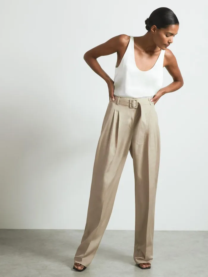 Women Reiss Pants Belted Wide Leg Trousers Neutral
