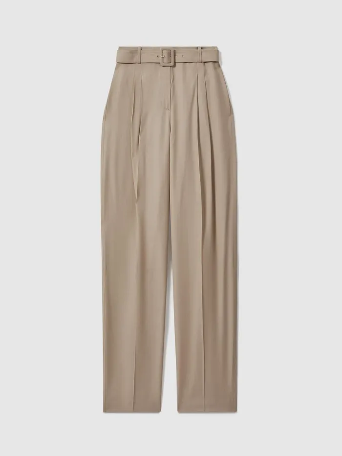 Women Reiss Pants Belted Wide Leg Trousers Neutral