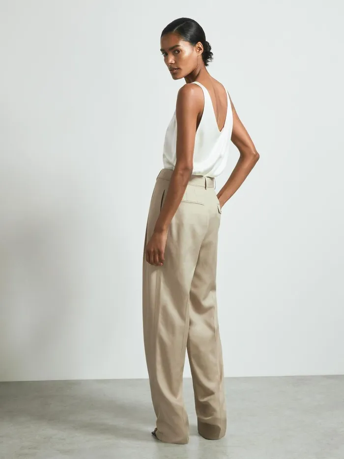 Women Reiss Pants Belted Wide Leg Trousers Neutral
