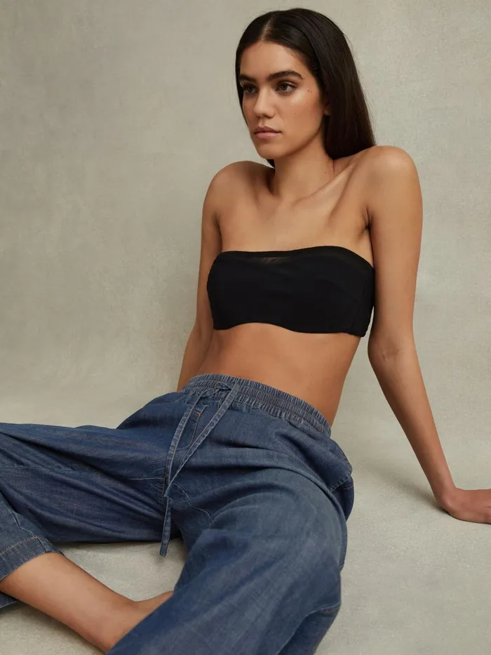 Women Reiss Pants Carter Denim Look Tapered Trousers Mid Blue