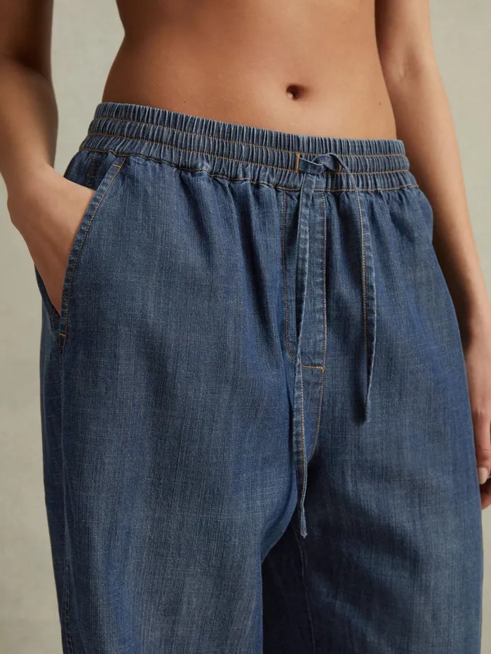 Women Reiss Pants Carter Denim Look Tapered Trousers Mid Blue