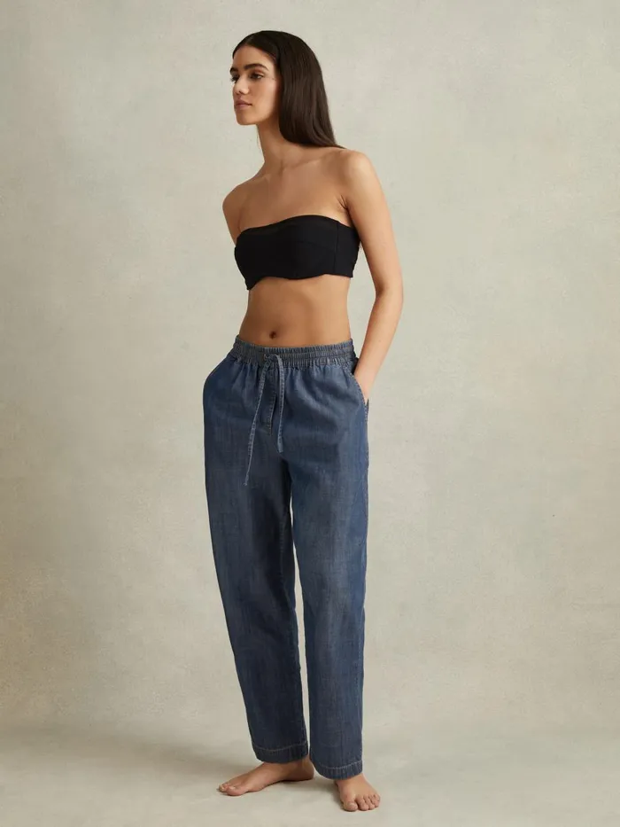 Women Reiss Pants Carter Denim Look Tapered Trousers Mid Blue