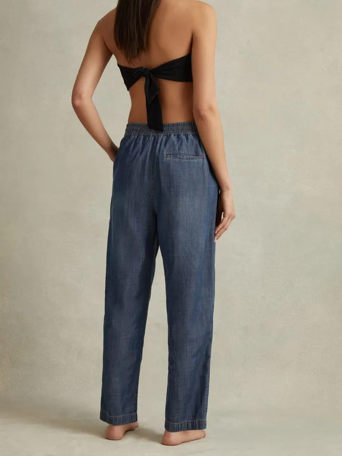 Women Reiss Pants Carter Denim Look Tapered Trousers Mid Blue