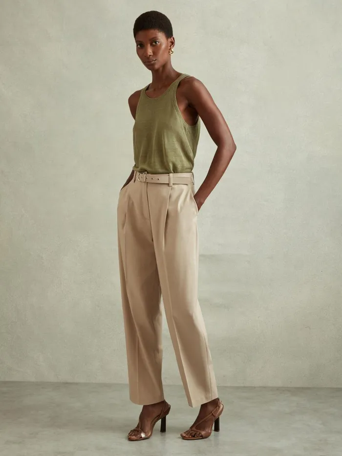 Women Reiss Pants Freja Tapered Belted Trousers Neutral