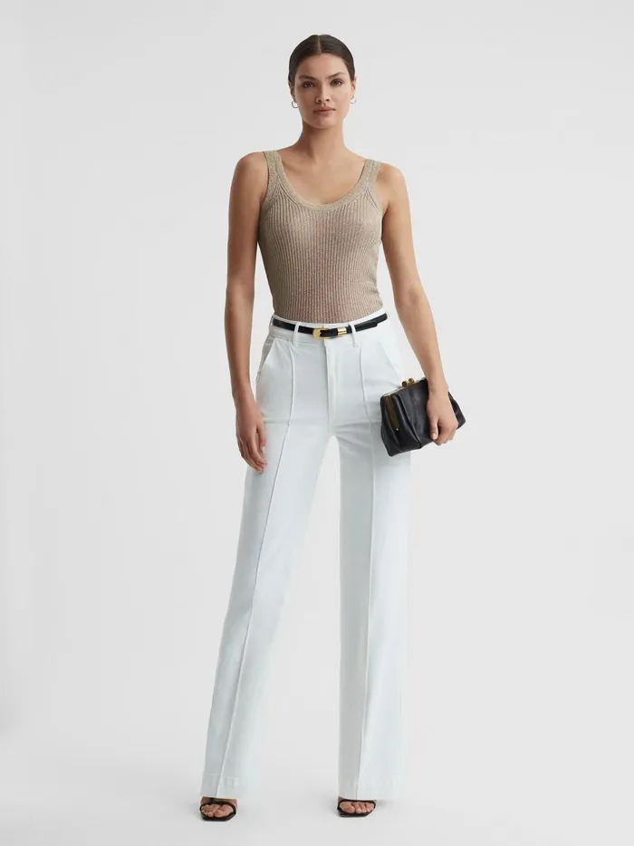 Women Reiss Pants High Rise Wide Leg Trousers Crisp White