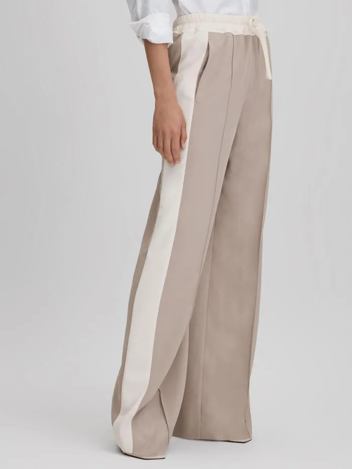 Women Reiss Pants May Wide Wide Leg Contrast Stripe Drawstring Trousers Mink Neutral Women Reiss Pants May Wide Wide Leg Contrast Stripe Drawstring Trousers Mink Neutral