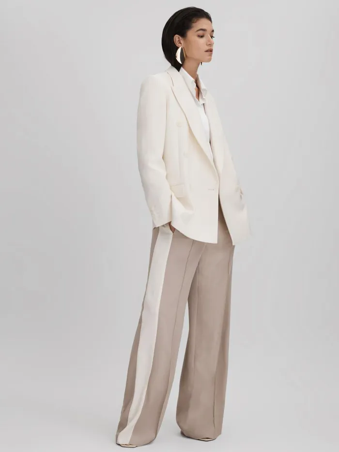 Women Reiss Pants May Wide Wide Leg Contrast Stripe Drawstring Trousers Mink Neutral
