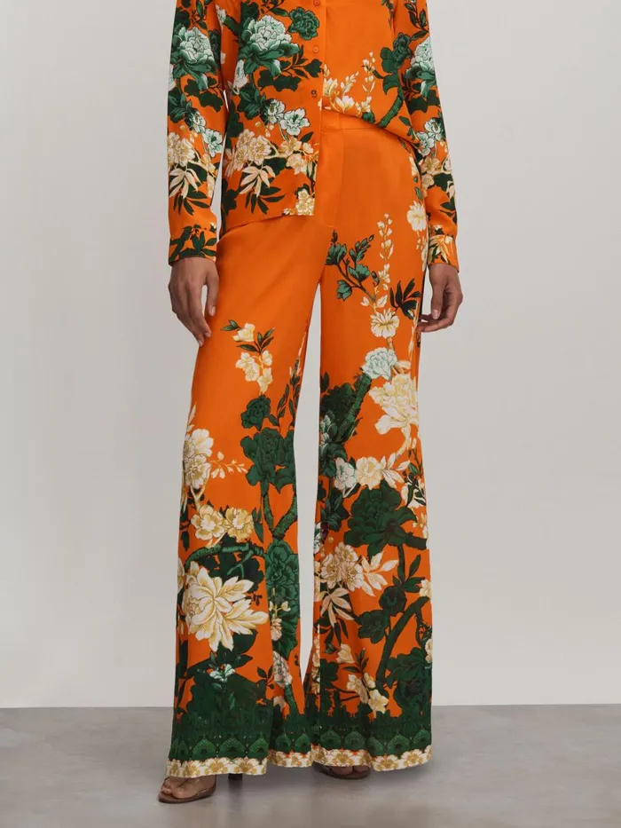 Women Reiss Pants Silk Printed WideLeg Trousers Orange