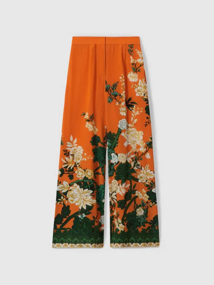 Women Reiss Pants Silk Printed WideLeg Trousers Orange