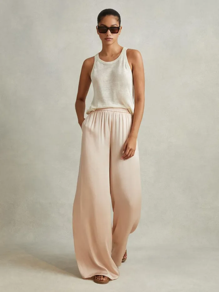 Women Reiss Pants Yara Satin Elasticated Waist Wide Leg Trousers Champagne