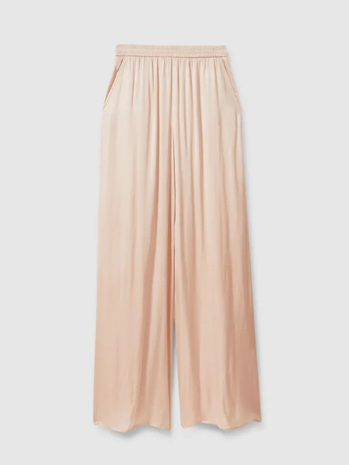 Women Reiss Pants Yara Satin Elasticated Waist Wide Leg Trousers Champagne
