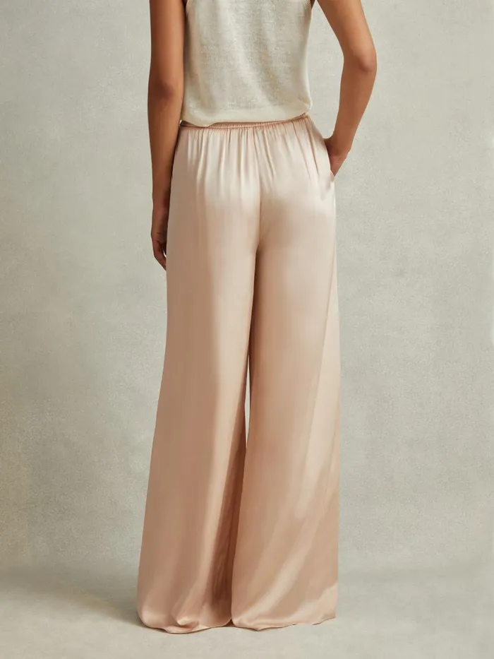 Women Reiss Pants Yara Satin Elasticated Waist Wide Leg Trousers Champagne