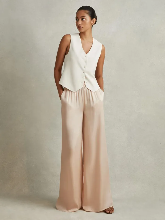 Women Reiss Pants Yara Satin Elasticated Waist Wide Leg Trousers Champagne