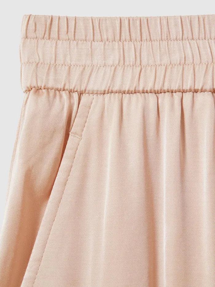 Women Reiss Pants Yara Satin Elasticated Waist Wide Leg Trousers Champagne