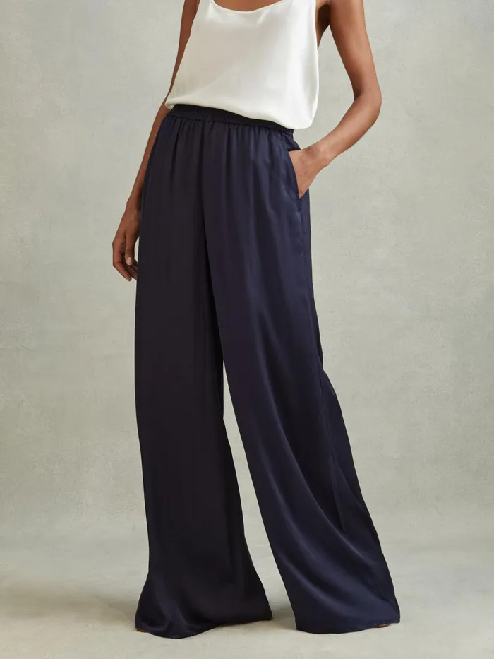 Women Reiss Pants Yara Satin Elasticated Waist Wide Leg Trousers Navy